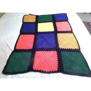 Handmade Crochet Black Multicolor Granny Squares Afghan Throw Blanket 57x43
